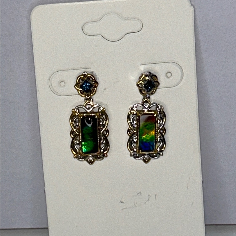 NWT Gems En Vogue Sterling Palladium 14K Accent Ammolite London Blue Earrings